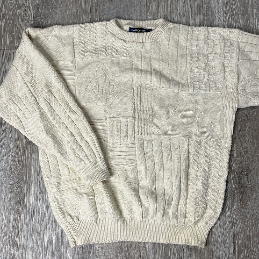 Vintage 90s Architect 3D Knit Sweater XL White Ivory Preppy Fisherman Grandpa